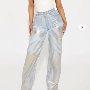 Fashion Nova Metallic Silver-Blue High Waist Straight Jeans